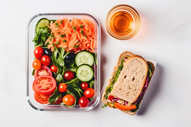 Boîtes à lunch avec de la nourriture délicieuse et un verre de jus sur fond blanc