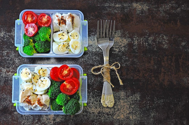 Boîtes à lunch avec un repas sain. Collation de remise en forme dans la boîte à lunch. Brocoli, œufs de caille, poitrine de poulet et tomates cerises.