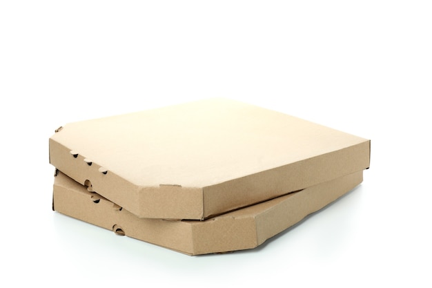 Photo boîtes à pizza en papier isolés sur blanc