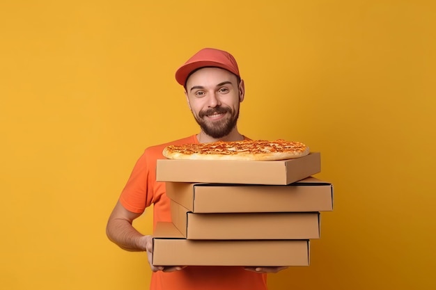 Boîtes à pizza pour homme empilées dans la main Livraison de commande par courrier masculin Générer une IA