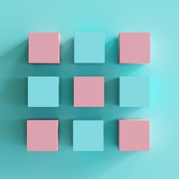 Boîtes roses et bleues sur fond bleu. concept de pose à plat minimal