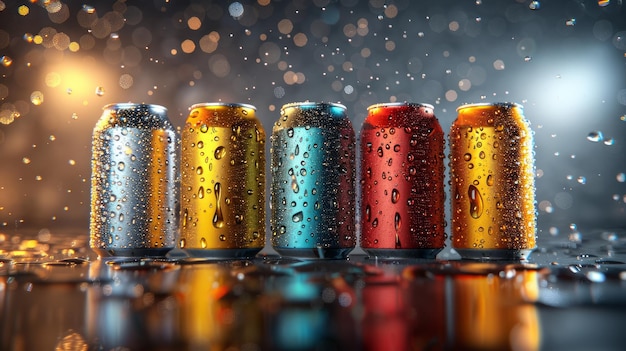 Photo boîtes de soda en fer de couleur brillante avec condensation sur un fond sombre pour la publicité et le marketing
