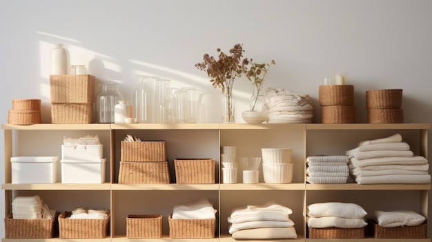 Boîtes de stockage à la maison près du mur blanc avec un tas d'objets