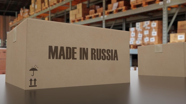 Boîtes avec texte MADE IN RUSSIA sur l'illustration 3d du convoyeur