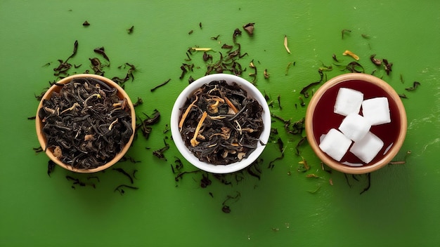 Des boîtes de thé à base de plantes avec du thé et des cubes de sucre sur fond vert