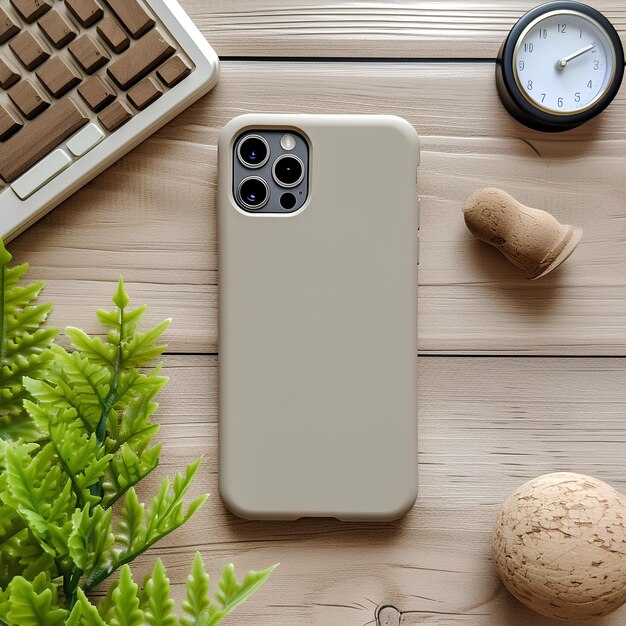 Un boîtier de téléphone assis sur une table en bois à côté d'une plante et d'une horloge sur une table