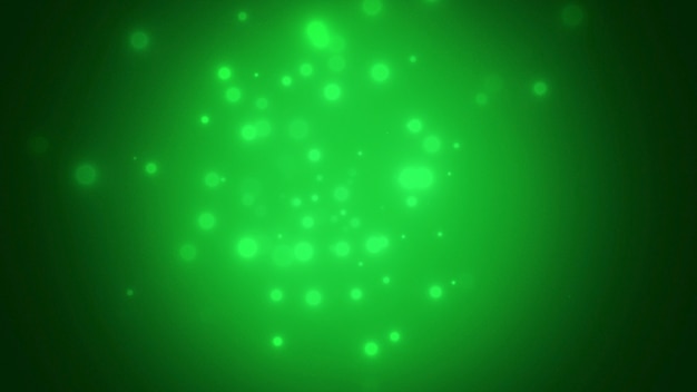 Bokeh abstrait vert et particules tombant sur fond brillant. Illustration 3D de luxe et de style élégant pour les vacances