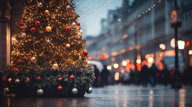Bokeh d'un arbre de Noël décoratif de New York les gens de la route passent par si loin IA générative