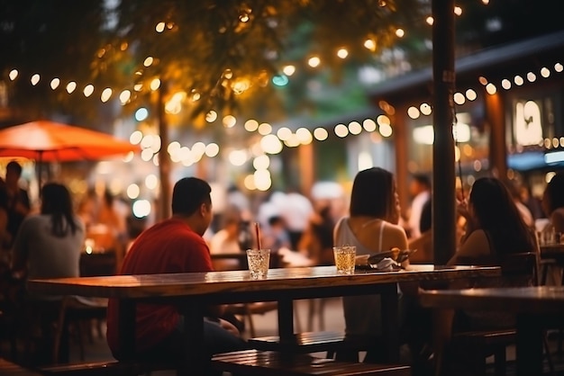 Bokeh arrière-plan de Street Bar restaurant de bière en plein air en Asie Les gens s'assoient se détendre et dîner et écouter de la musique ensemble dans l'avenue vie heureuse travailler dur jouer dur