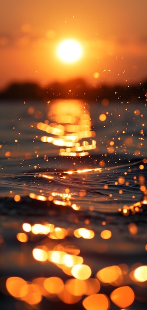 Bokeh de coucher de soleil sur l'eau ciel doré sur un plan d'eau avec la lumière reflétant et créant un bokeh