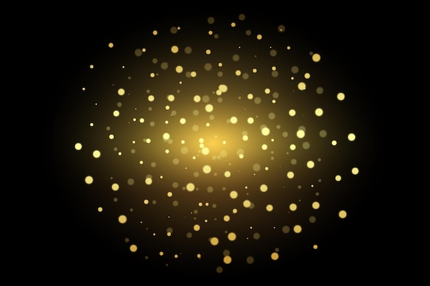 Bokeh doré circulaire sur fond noir Éclats d'éclat doré sur fond noir Effet de lumière radiante
