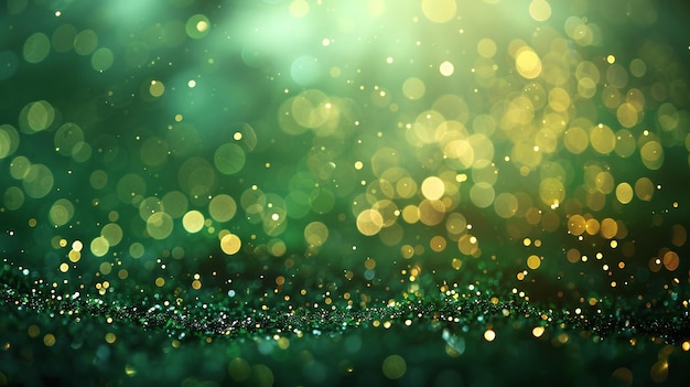 Bokeh doré festif et vibrant sur un fond vert émeraude défocalisé bannière floue abstraite