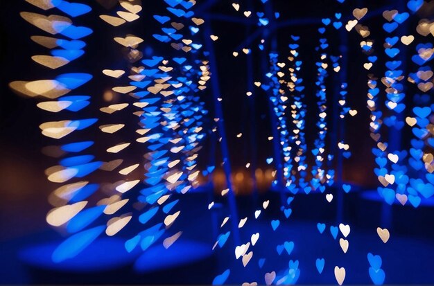 Bokeh de fête fait de chaudes lumières bleues floues en forme de cœur