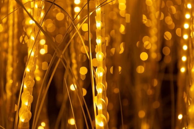 Bokeh jaune Lumières décorées dorées floues Lumière led Un gros plan d'une chaîne de lumières