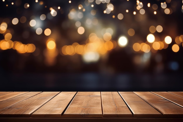 Bokeh nocturne sur une plate-forme de table en bois vide