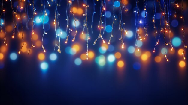 Bokeh s'allume sur une guirlande de Noël sur fond bleu foncé Generative Ai