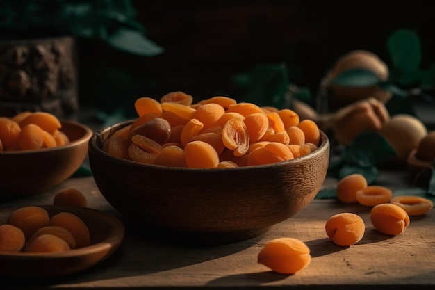 Un bol d'abricots sur une table avec d'autres fruits.