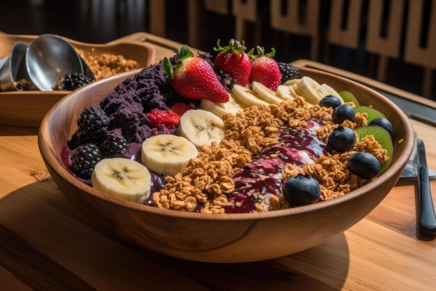 Bol d'acai avec des fruits et du sirop de chocolat génératif IA