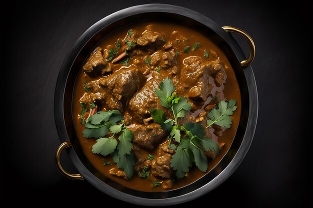 Un bol d'agneau au curry avec des feuilles de persil sur le côté