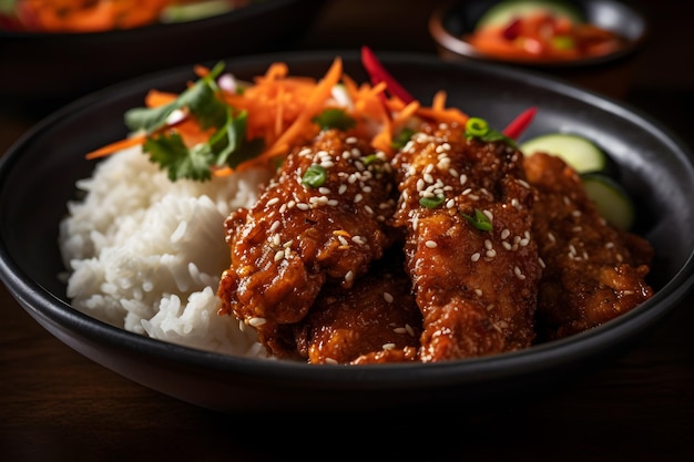 Un bol d'ailes de poulet avec du riz et des légumes.