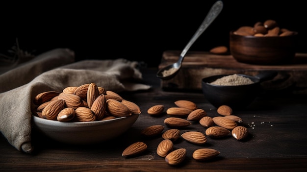 Un bol d'amandes est posé sur une table à côté d'un bol de farine.