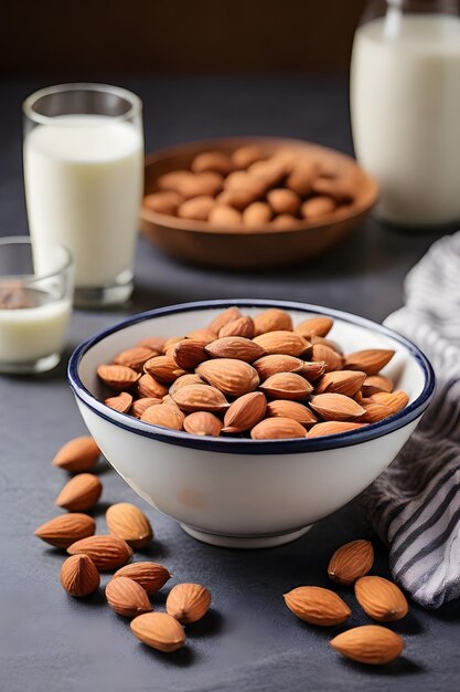 Photo un bol d'amandes avec un verre de lait