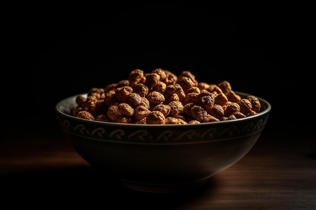 Un bol d'arachides sur une table avec un fond sombre