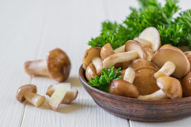 Bol d'argile rempli de champignons et de persil sur le tableau blanc du village