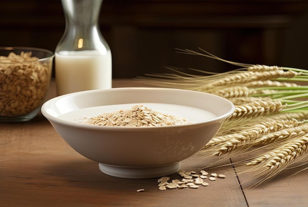 un bol d'avoine est assis sur une table avec une bouteille de lait en arrière-plan