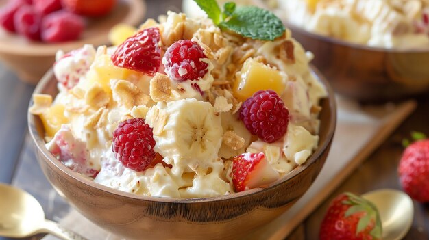 Un bol d'avoine avec des framboises fraîches, des bananes et de la crème fouettée.