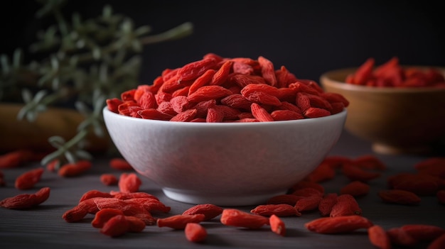 Un bol de baies de goji rouges est posé sur une table à côté d'un panier de baies rouges.