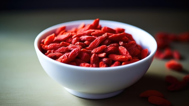 Un bol de baies de goji rouges est posé sur une table.