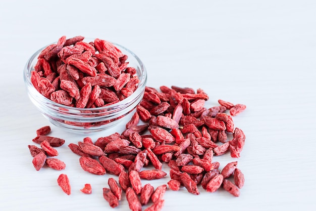 Bol de baies de goji séchées sur fond blanc Concept de saine alimentation superaliments