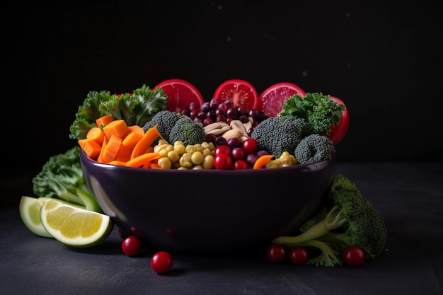 Bol avec beaucoup de légumes et de fruits en forme de coeur sur fond sombre Mangez sainement