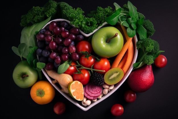 Bol avec beaucoup de légumes et de fruits en forme de coeur sur fond sombre Mangez sainement