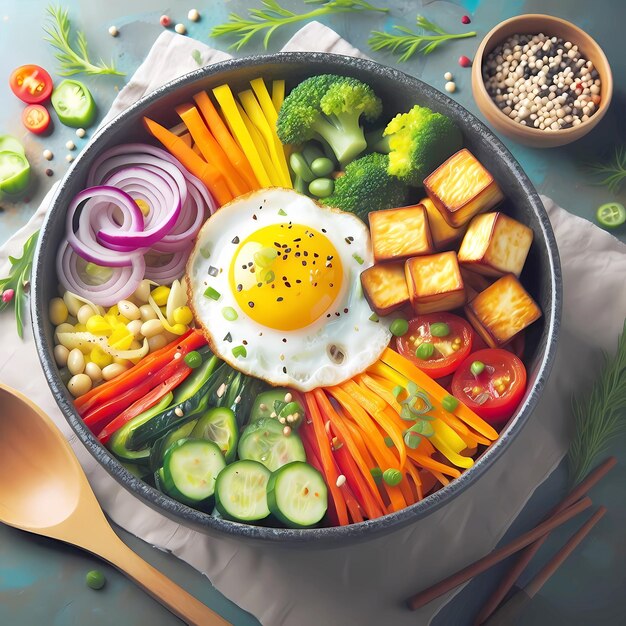 Photo un bol de bibimbap coloré fait de légumes et de tofu croustillant surmonté d'un œuf frit