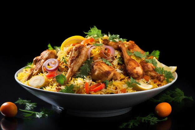 Un bol de biryani avec un citron et une tomate sur le côté.