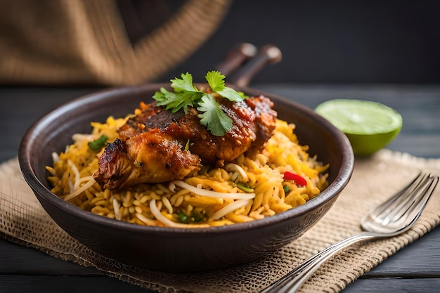 Un bol de biryani avec une fourchette et une cuillère sur le côté