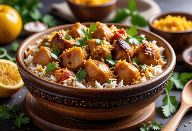 Un bol de biryani, un plat indien populaire sur un fond blanc