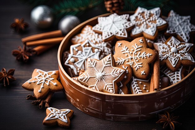 Photo un bol de biscuits au pain d'épice avec un arbre de noël en arrière-plan