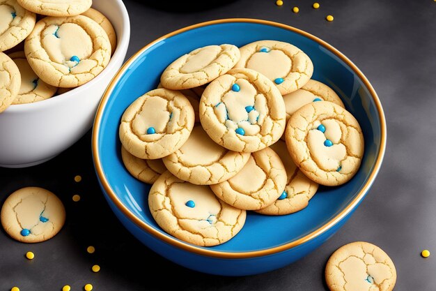 Un bol de biscuits au sucre jaune et bleu avec des paillettes bleues sur le dessus.