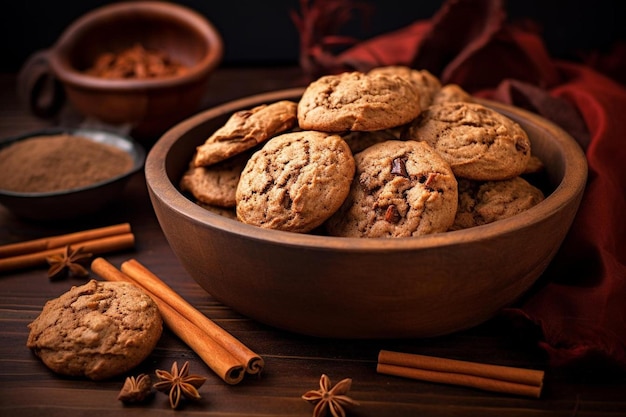 un bol de biscuits aux pépites de chocolat avec des bâtons de cannelle sur une table.