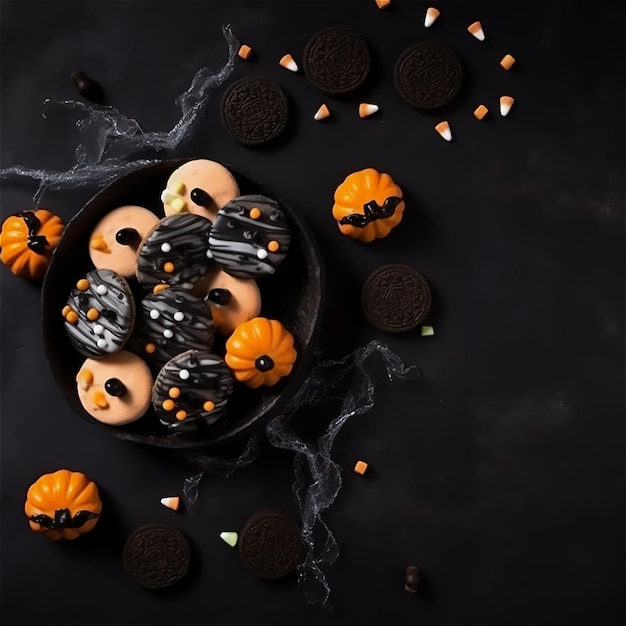 Un bol de biscuits avec des décorations d'halloween sur la table