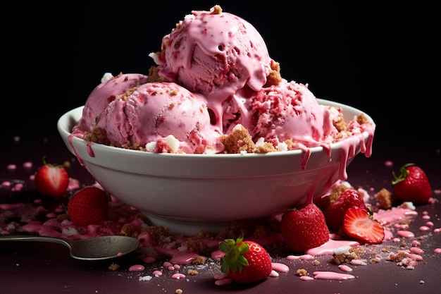 Un bol blanc contient une cuillère de crème glacée aux fraises