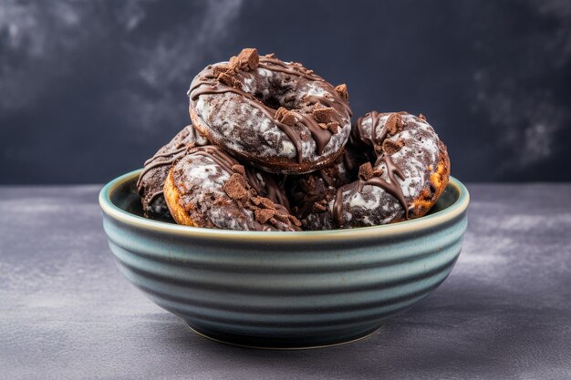 Photo un bol blanc de deux beignets au chocolat sur fond de pierre