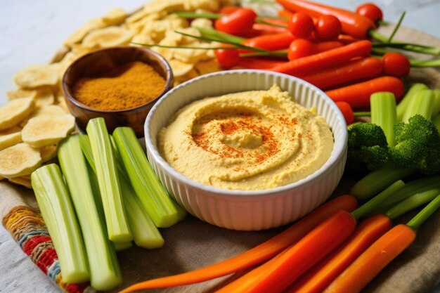 Bol blanc avec houmous et divers bâtonnets de légumes sur tissu beige