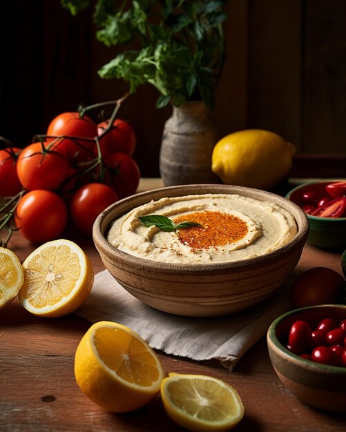 Photo un bol blanc d'hummus avec des oranges et des tomates