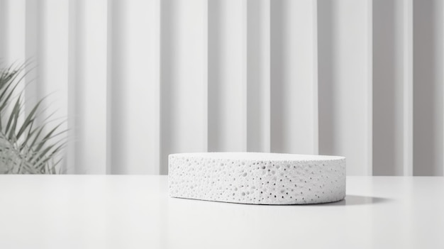 Un bol blanc avec un motif de points est posé sur une table blanche.