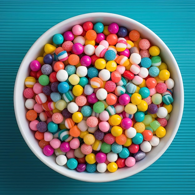 Photo un bol blanc rempli de bonbons colorés dans différentes couleurs dans le style de la vue aérienne