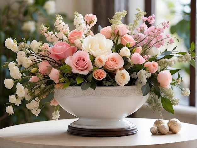 un bol blanc rempli de fleurs roses et blanches sur une table à côté d'une fenêtre